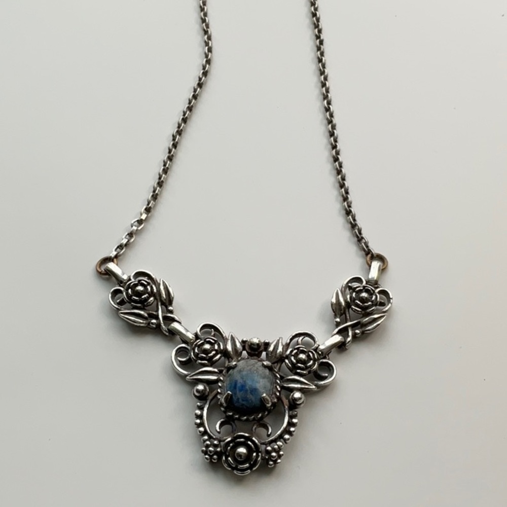 Silver necklace approx 16” w/ blue/grey stone